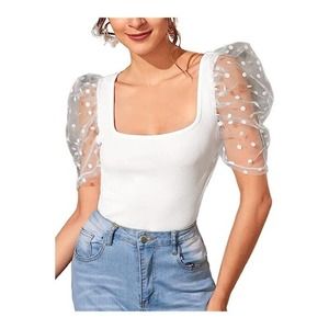 River Island Women's Size: 10 Puff Mesh Polka Dot Sleeve Short White Cropped Top